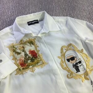 Karl Lagerfeld Paris White Button Shirt Embroidered Eiffel Tower Cat XXS NWT‎